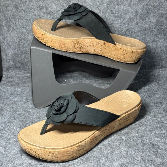 Crocs Leather Platform Wedge Sandals - Size 8 - Leigh Flower Flip Flops - Picture 1 of 7